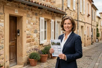 Agent immobilière devant une façade en pierre provençale à Aix-en-Provence tenant une annonce de vente immobilière