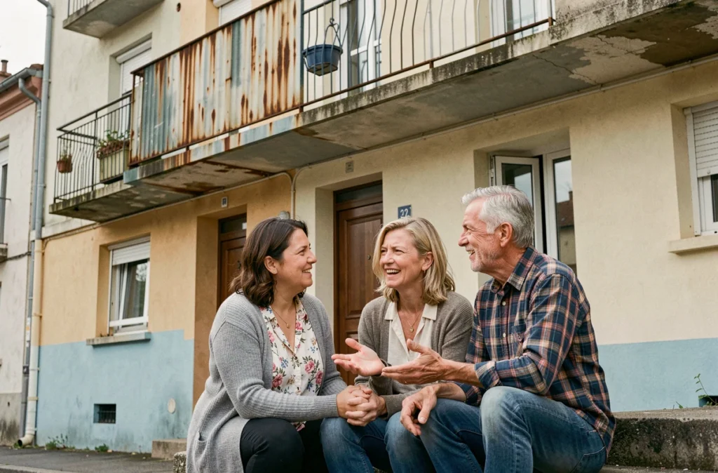 Groupe de voisins discutant devant un immeuble en transition dans un quartier de Montluçon