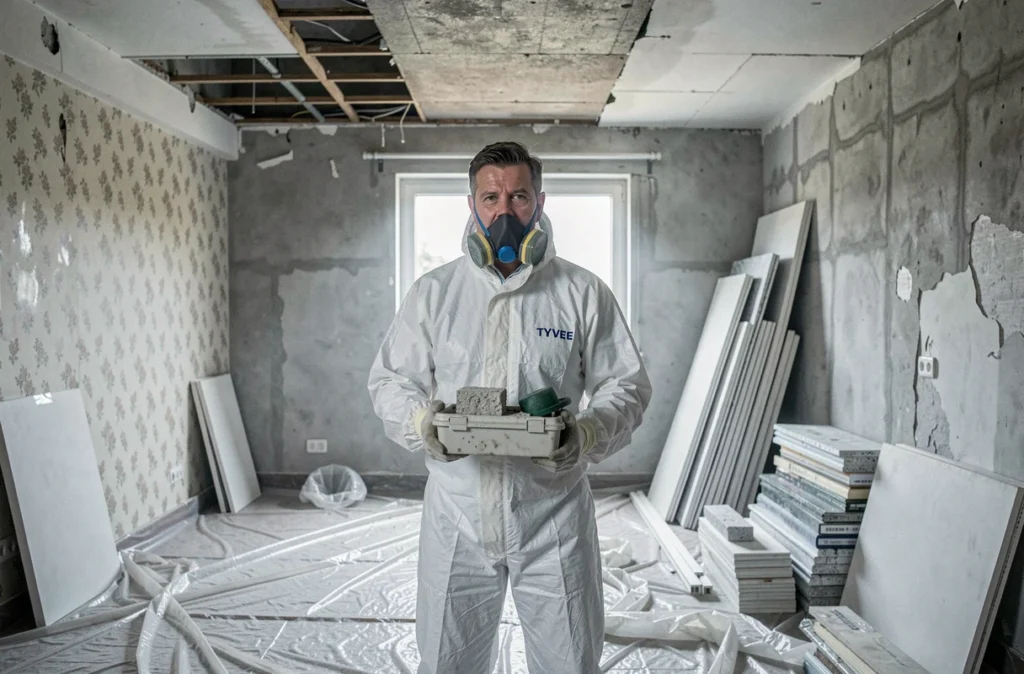 Technicien AC Environnement en combinaison de protection réalisant un diagnostic amiante dans un appartement marseillais en rénovation