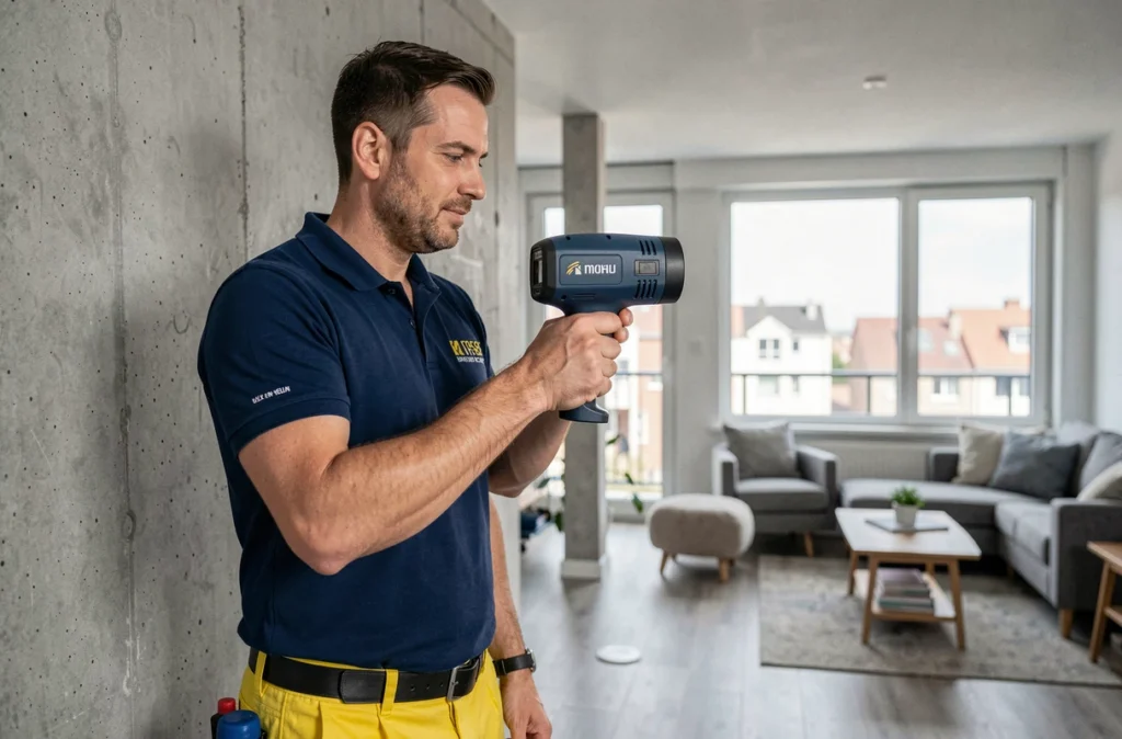 Technicien d'ACSDI d.Pro effectuant un diagnostic thermique dans un appartement à Vaulx-en-Velin avec une caméra thermique