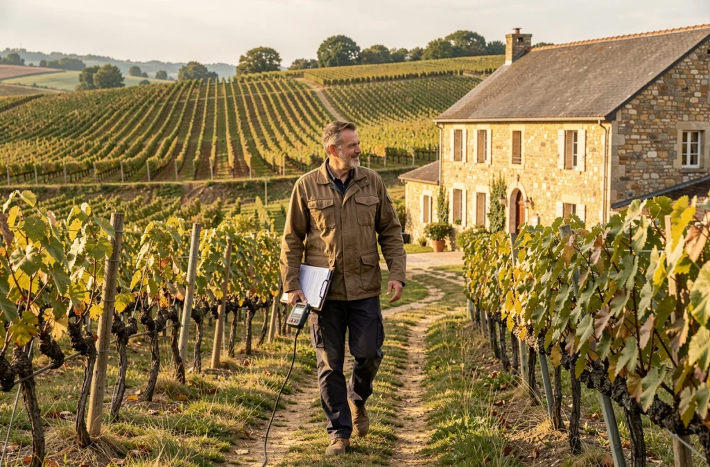 Diagnostiqueur Activ'Expertise en Beaujolais marchant vers un domaine viticole traditionnel en pierre au cœur du vignoble beaujolais