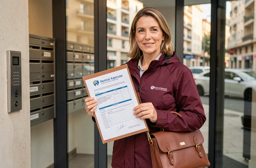 Professionnelle Activ'Expertise Marseille présentant un dossier de diagnostic immobilier complet à l'entrée d'un immeuble locatif marseillais moderne