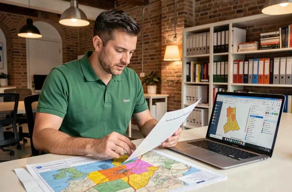 Diagnostiqueur ADN Diagnostics Marseille analysant un état des risques et pollutions avec carte cadastrale dans un bureau professionnel moderne