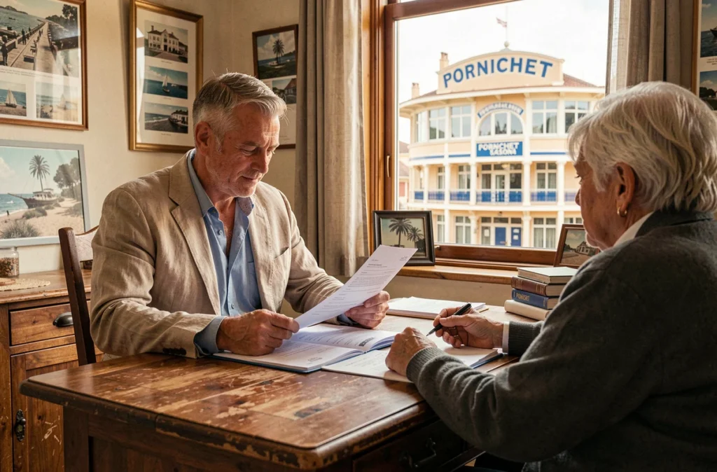 Gestionnaire de l'Agence du Casino Pornichet examinant un contrat locatif avec des clients face au casino de Pornichet