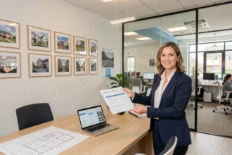 Agent immobilier présentant un contrat de gestion locative dans une agence moderne des Pays de la Loire