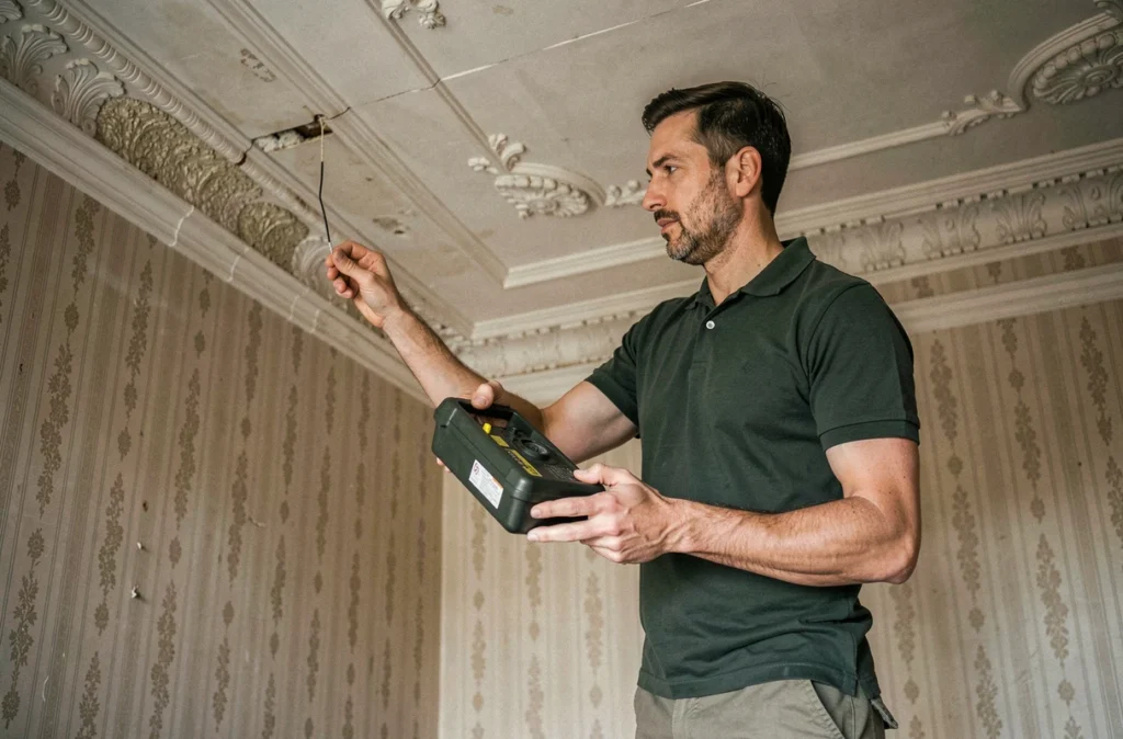 Diagnostiqueur B3T Diagnostics réalisant un diagnostic amiante dans un appartement ancien à Clermont-Ferrand avec des moulures Haussmanniennes visibles