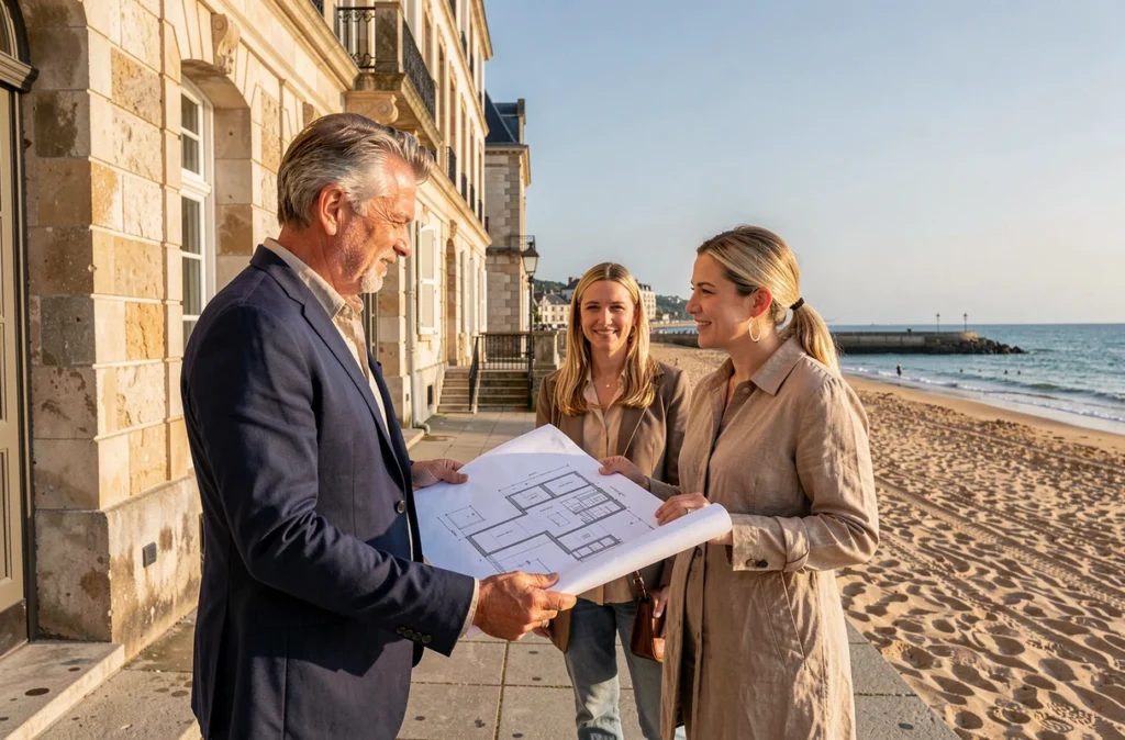 Agent Barnes La Baule discutant d'un bien locatif haut de gamme en bord de mer sur la promenade de La Baule