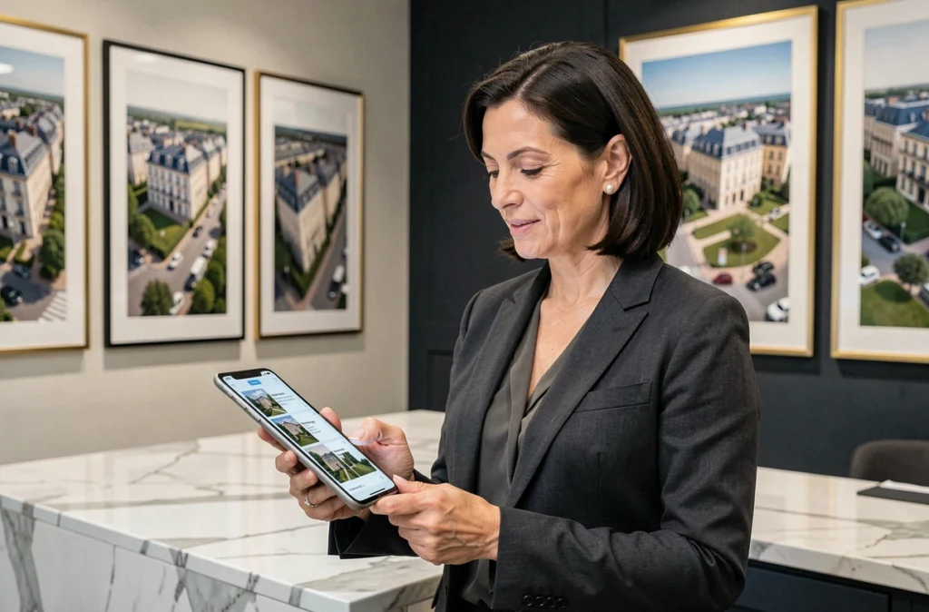 Consultante de Barnes Nantes présentant un portefeuille locatif haut de gamme sur tablette dans une agence premium