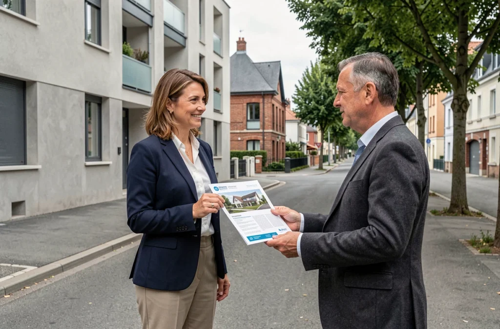 Conseillère de BVBA Immobilier présentant une brochure d'investissement locatif devant une résidence en Loire-Atlantique