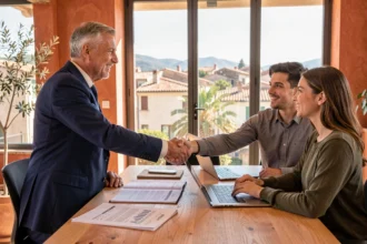 Un conseiller en prêt immobilier serrant la main d'un jeune couple dans un bureau moderne avec vue sur une ville d'Occitanie