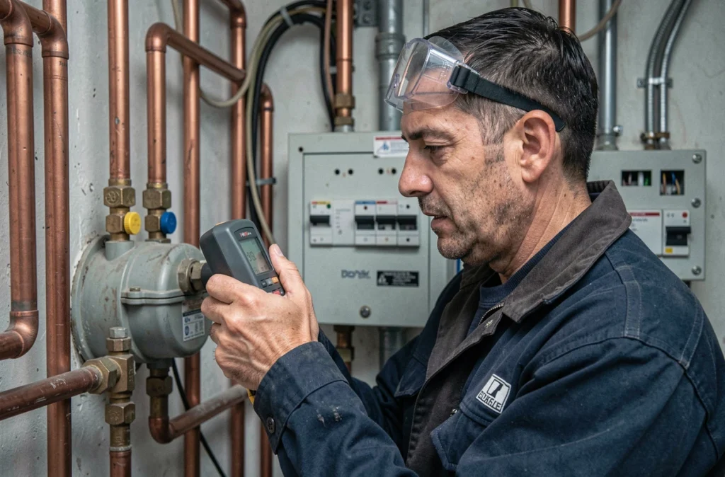 Technicien Diag Précision 13 inspectant une installation gaz avec détecteur de fuite dans un local technique d'appartement marseillais