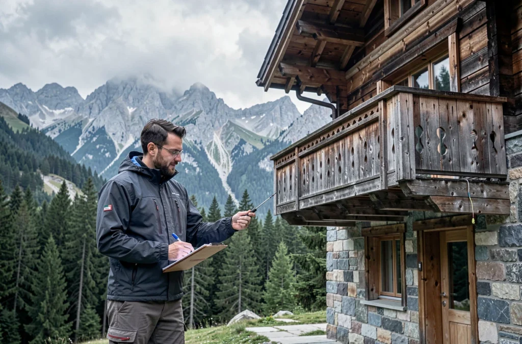 Diagnostiqueur Diagadhoc réalisant un diagnostic de performance énergétique devant un chalet en bois à Fillière en Haute-Savoie avec une forêt de pins en arrière-plan
