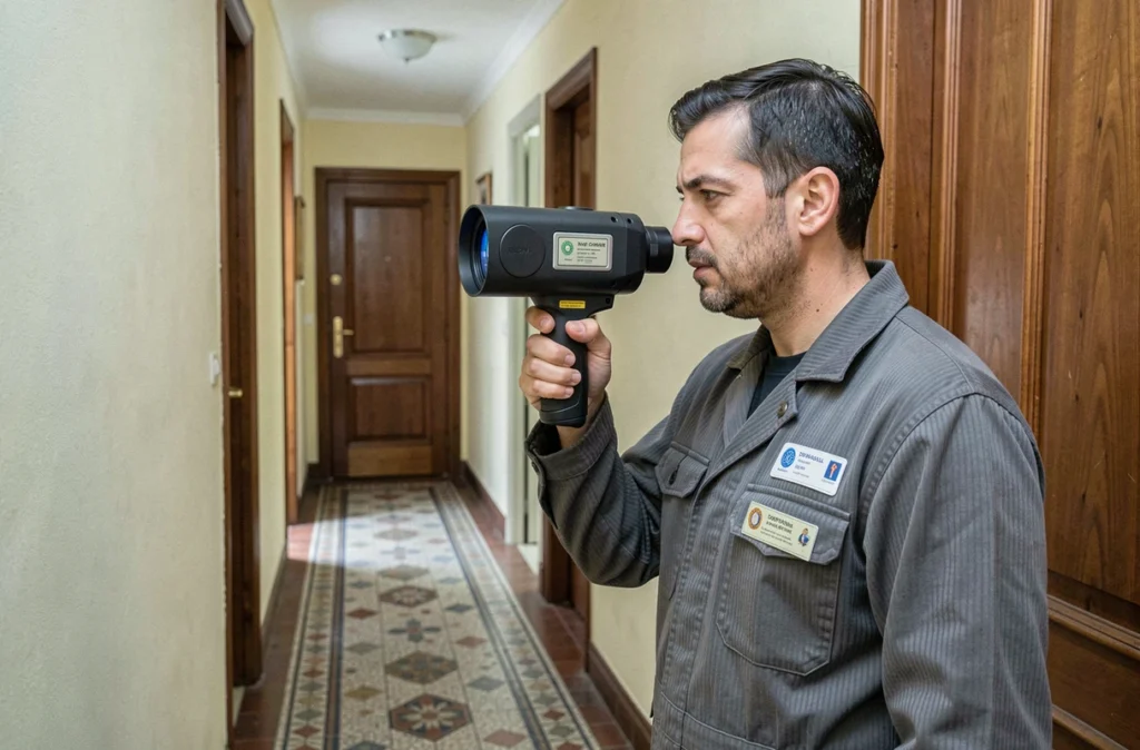 Diagnostiqueur certifié Diagimmo Pro réalisant un diagnostic énergétique avec caméra thermique dans un couloir d'appartement marseillais
