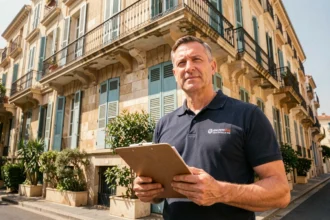 Diagnostiqueur immobilier professionnel devant un immeuble typique de Marseille, tenant un clipboard avec des documents de diagnostic