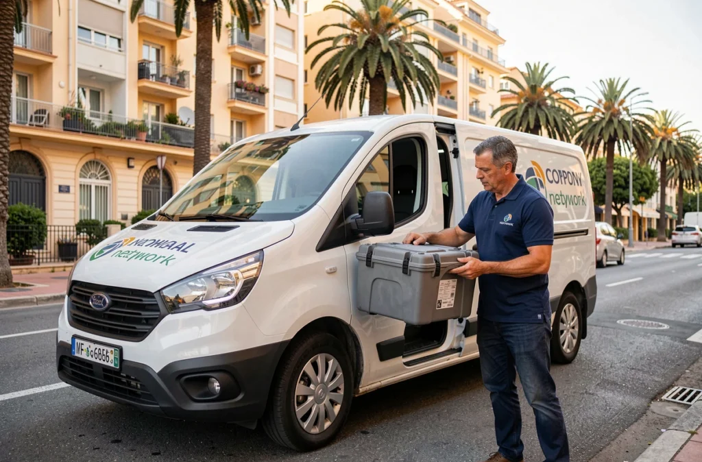 Professionnel EX'IM Marseille chargeant du matériel de diagnostic dans un véhicule de société brandé sur une rue marseillaise ensoleillée