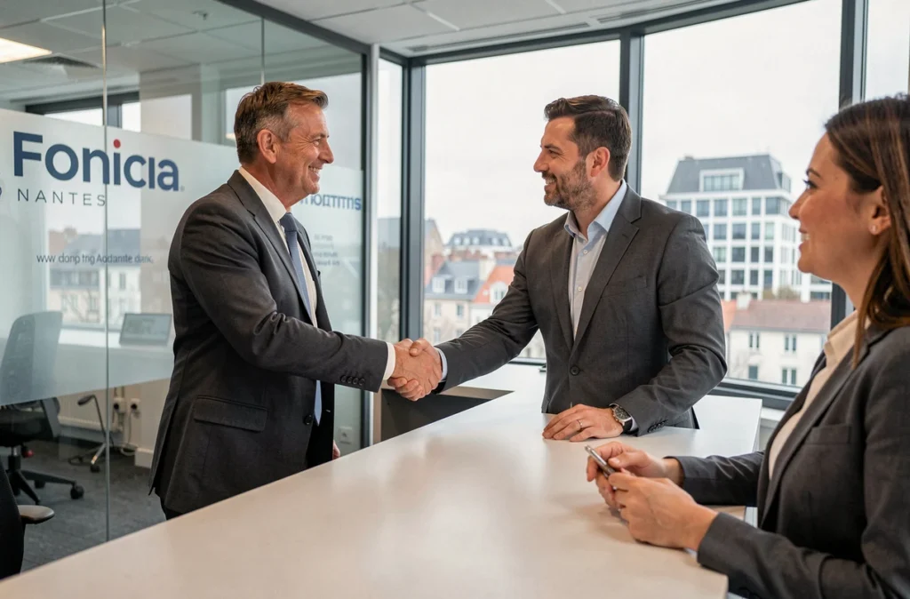 Gestionnaire locatif de Foncia Nantes accueillant des clients dans l'agence avec vue sur la ville
