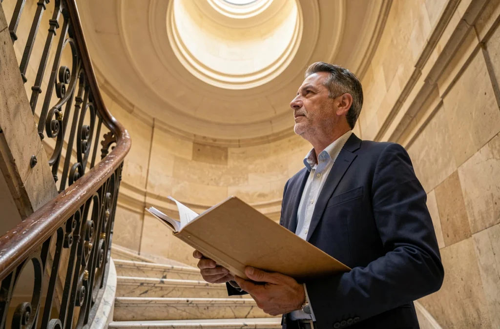 Diagnostiqueur Gest'Diag consultant un dossier dans la cage d'escalier d'une copropriété marseillaise avec rampe en fer forgé et marches en marbre