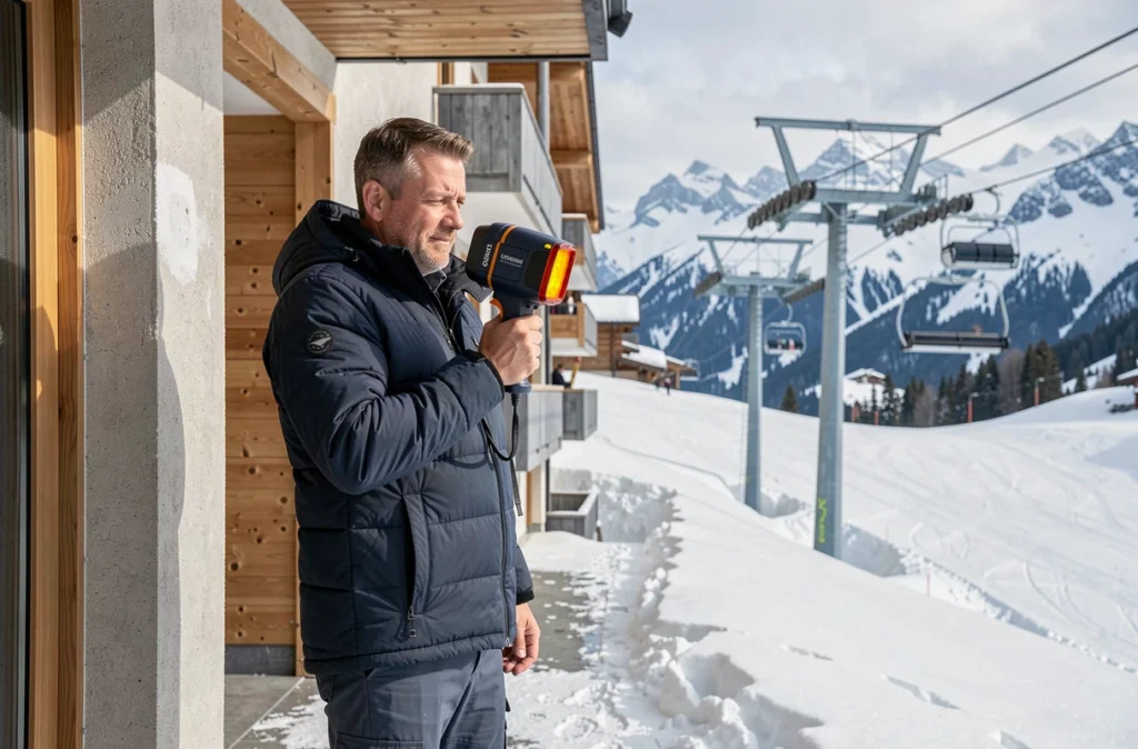 Diagnostiqueur L'Habitat de Montagne effectuant un diagnostic thermique à l'entrée d'une résidence de station de ski alpine avec des pistes enneigées et des remontées mécaniques en arrière-plan