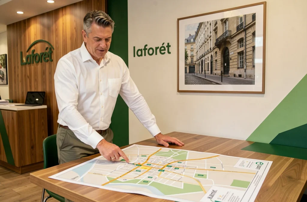 Agent Laforêt Nantes présentant une carte des quartiers locatifs de Nantes sur une table de consultation