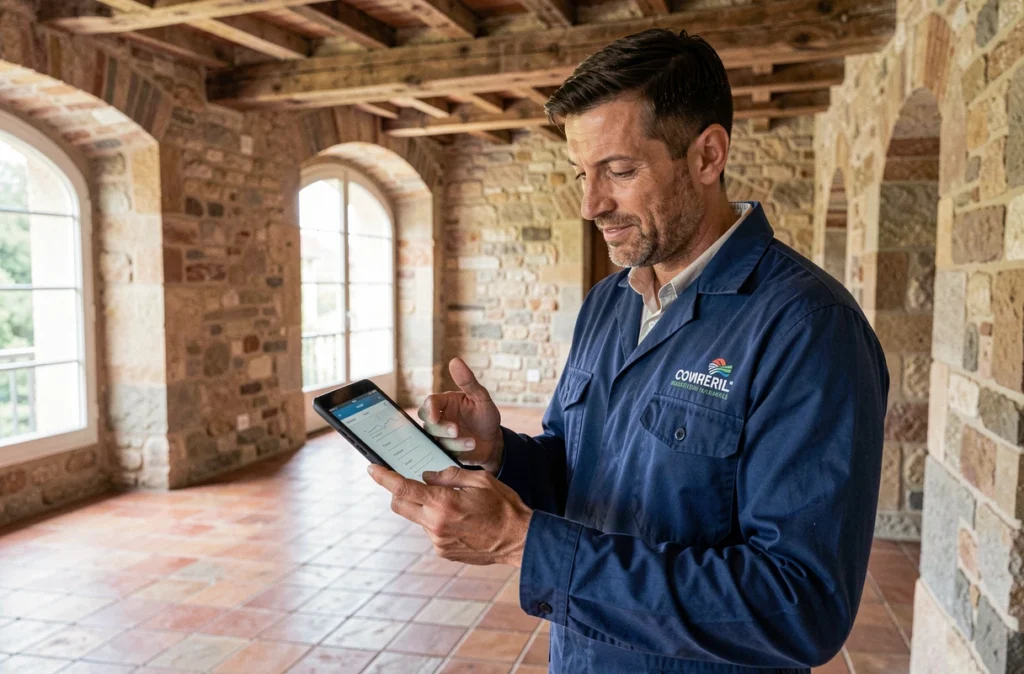 Diagnostiqueur Légimétrie enregistrant des mesures sur tablette dans un appartement marseillais avec murs en pierre et carrelage ancien