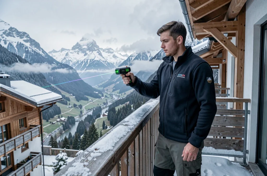 Jeune diagnostiqueur Lucas Diag Immo prenant des mesures au laser sur un balcon enneigé à Thyez en Haute-Savoie avec le massif du Mont Blanc en arrière-plan