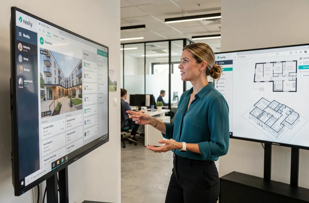 Spécialiste de gestion locative Nexity Nantes réalisant une visite virtuelle d'appartements sur grand écran