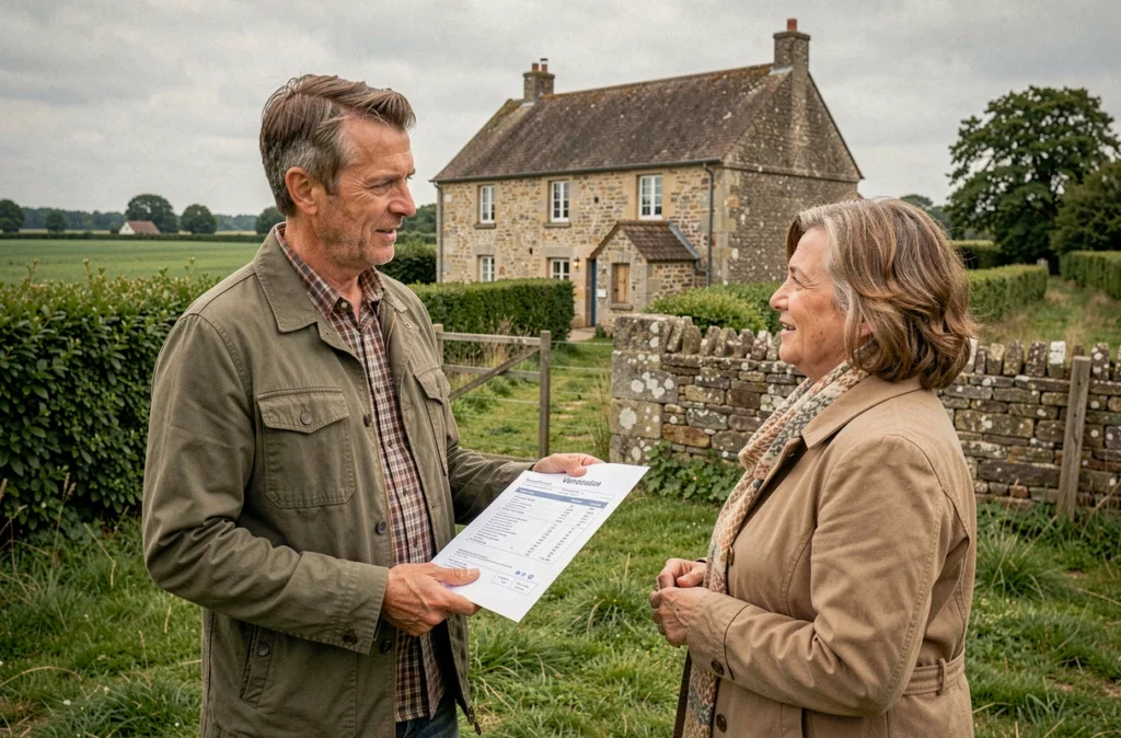 Agent Orpi Vendée Sud évaluant une maison de caractère en pierre dans la campagne vendéenne avec les propriétaires