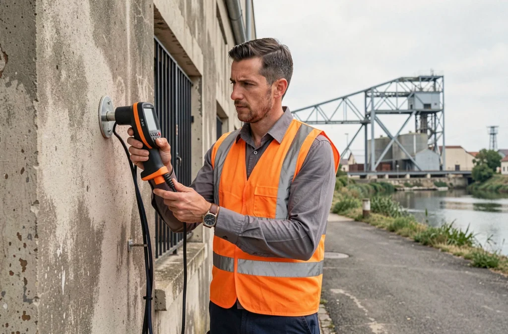Diagnostiqueur OVE Diag utilisant un détecteur de gaz devant un bâtiment résidentiel à Salaise-sur-Sanne avec le paysage industriel de la Loire en arrière-plan