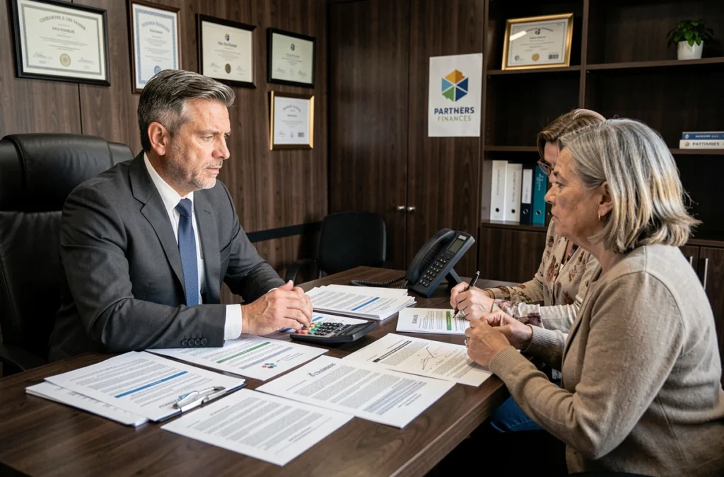 Un spécialiste Partners Finances consultant un couple pour un rachat de crédits dans un bureau professionnel en Occitanie