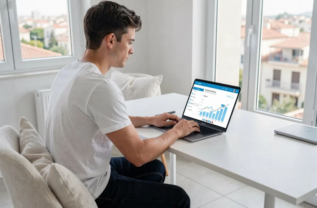 Un jeune professionnel utilisant la plateforme de courtage 100% en ligne Pretto depuis son domicile en Occitanie