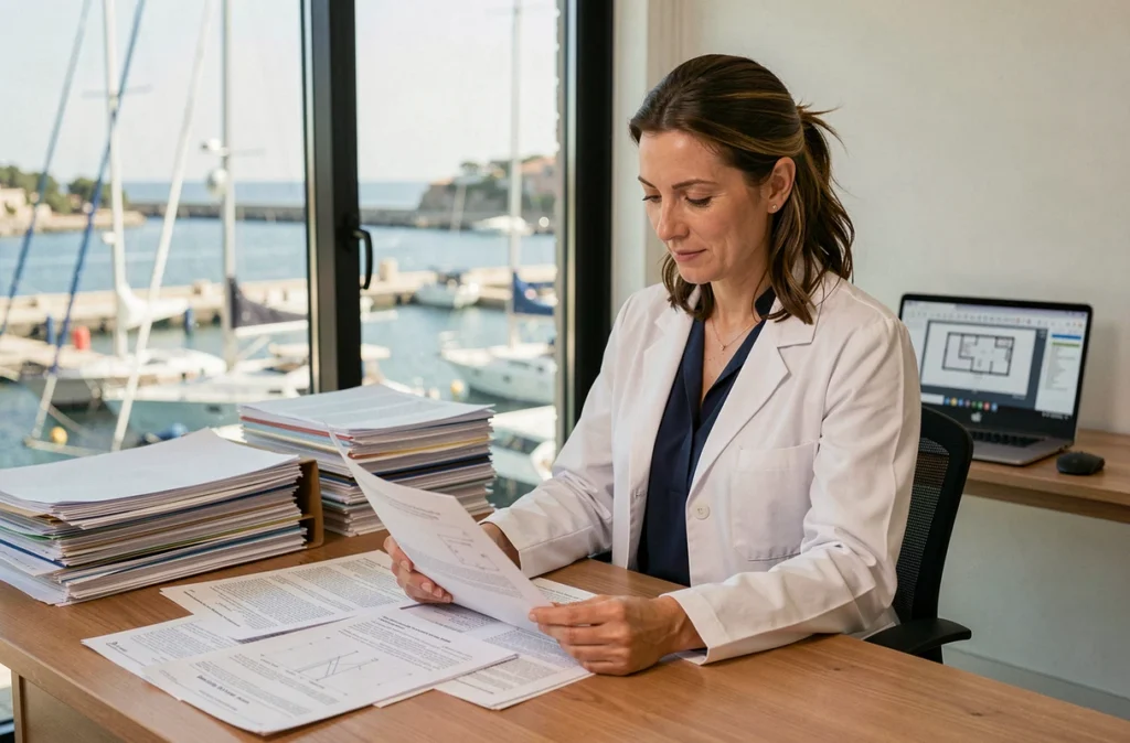 Professionnelle de l'Agence Diagnostic du Soleil examinant des rapports de diagnostic immobilier avec vue sur le Vieux-Port de Marseille