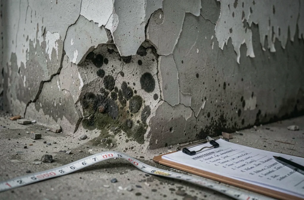 Mur de sous-sol fissuré et humide révélant un vice caché lors d'une inspection immobilière