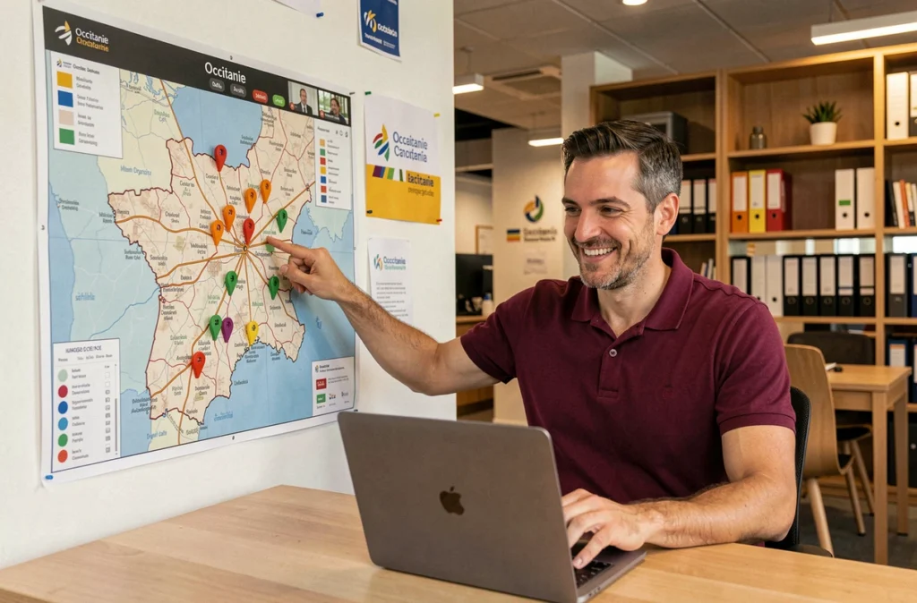 Un courtier de Vous Financer en visioconférence devant une carte de la région Occitanie dans un espace de travail moderne