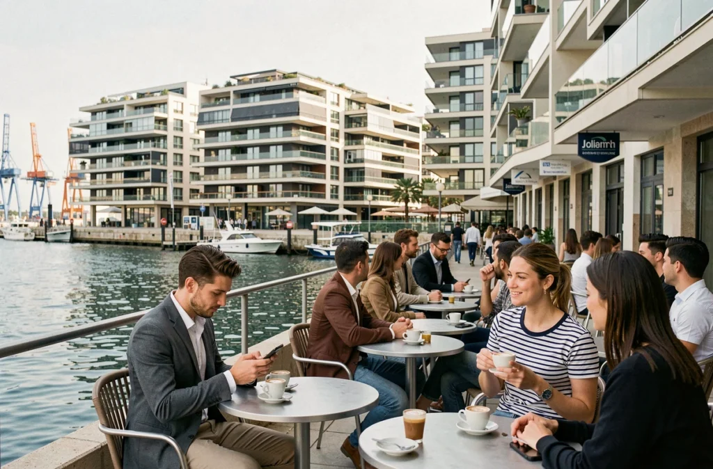 Terrasse de café moderne dans le quartier Joliette à Marseille avec vue sur le port et immeubles contemporains